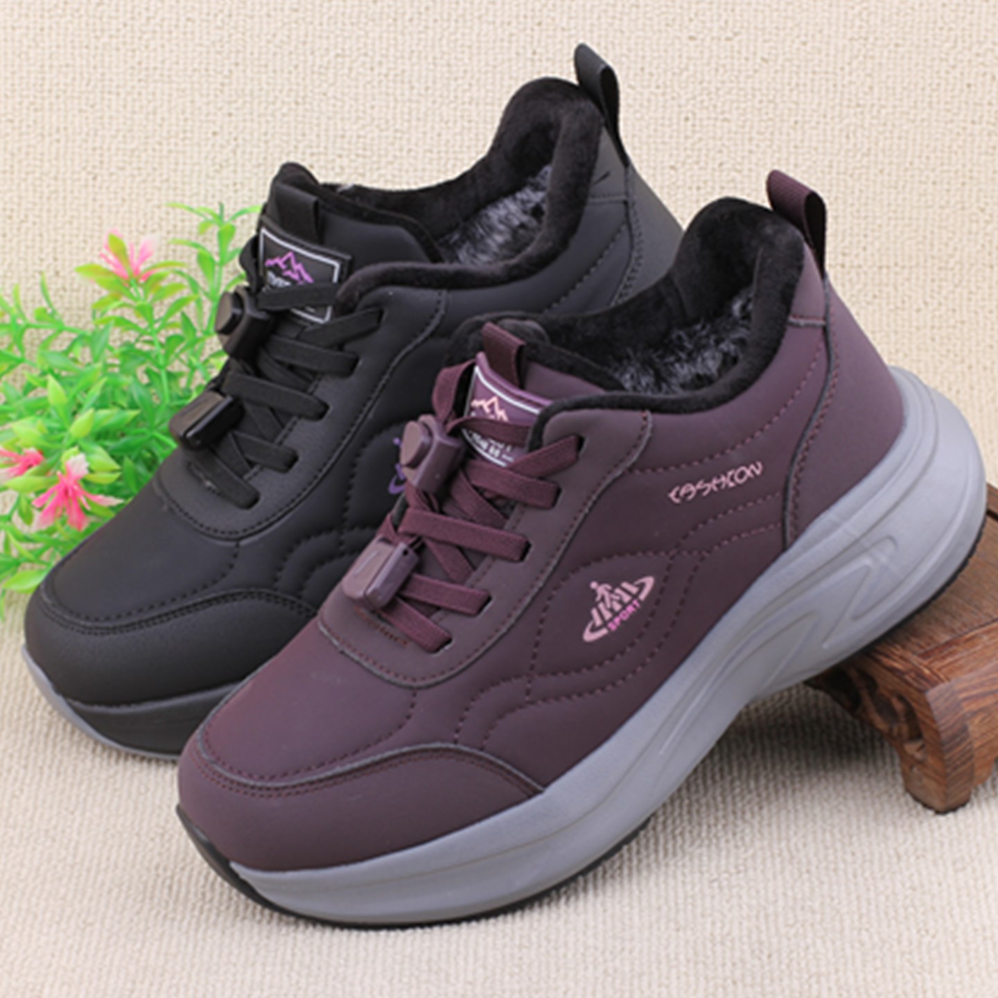 冬加绒保暖女棉鞋防滑厚底健步鞋