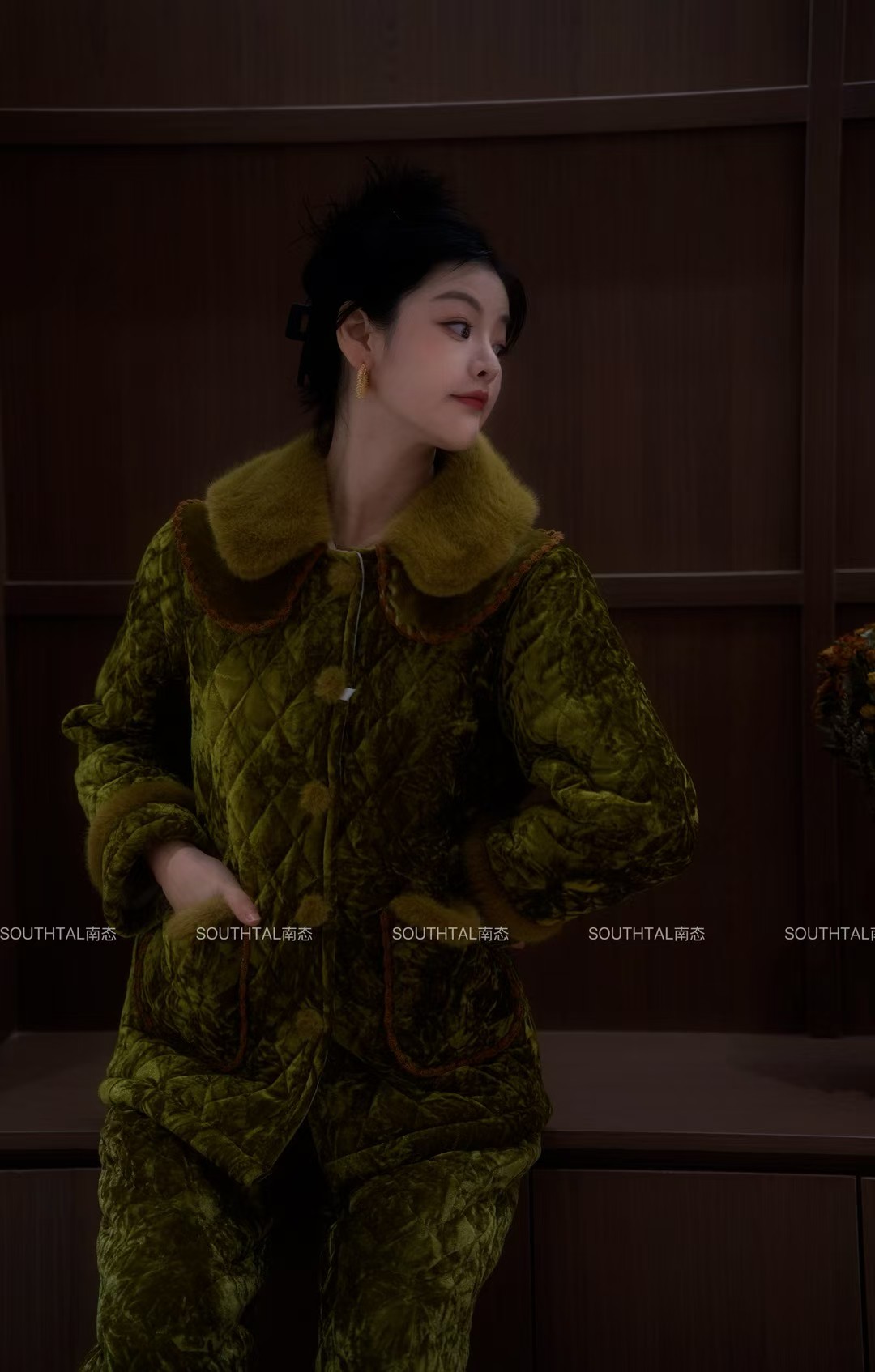 南态晚秋冬季加厚可外穿三层夹棉加绒加厚可外穿睡衣套装