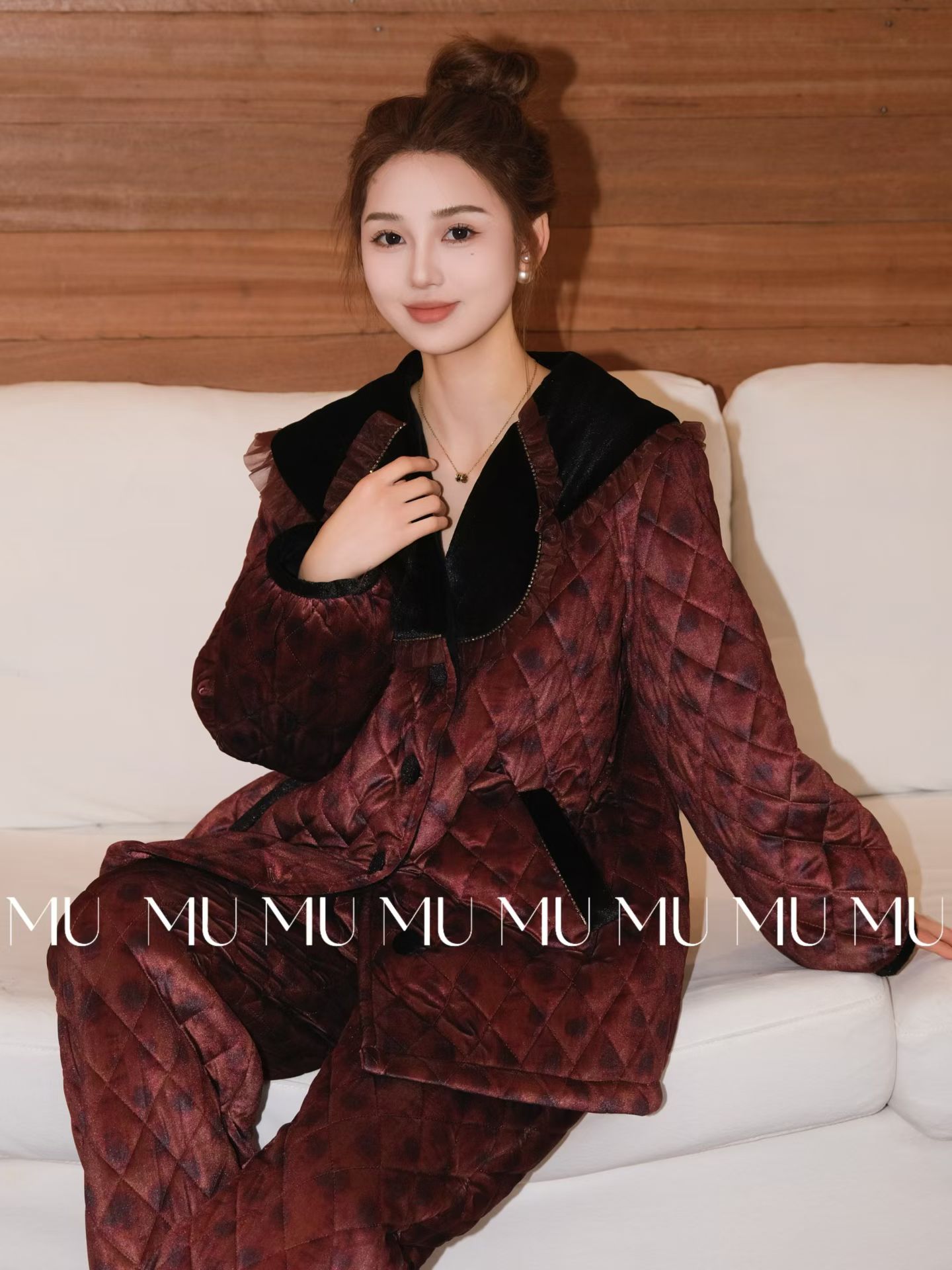 深羽墨染冬季加厚可外穿三层夹棉加绒加厚可外穿睡衣套装