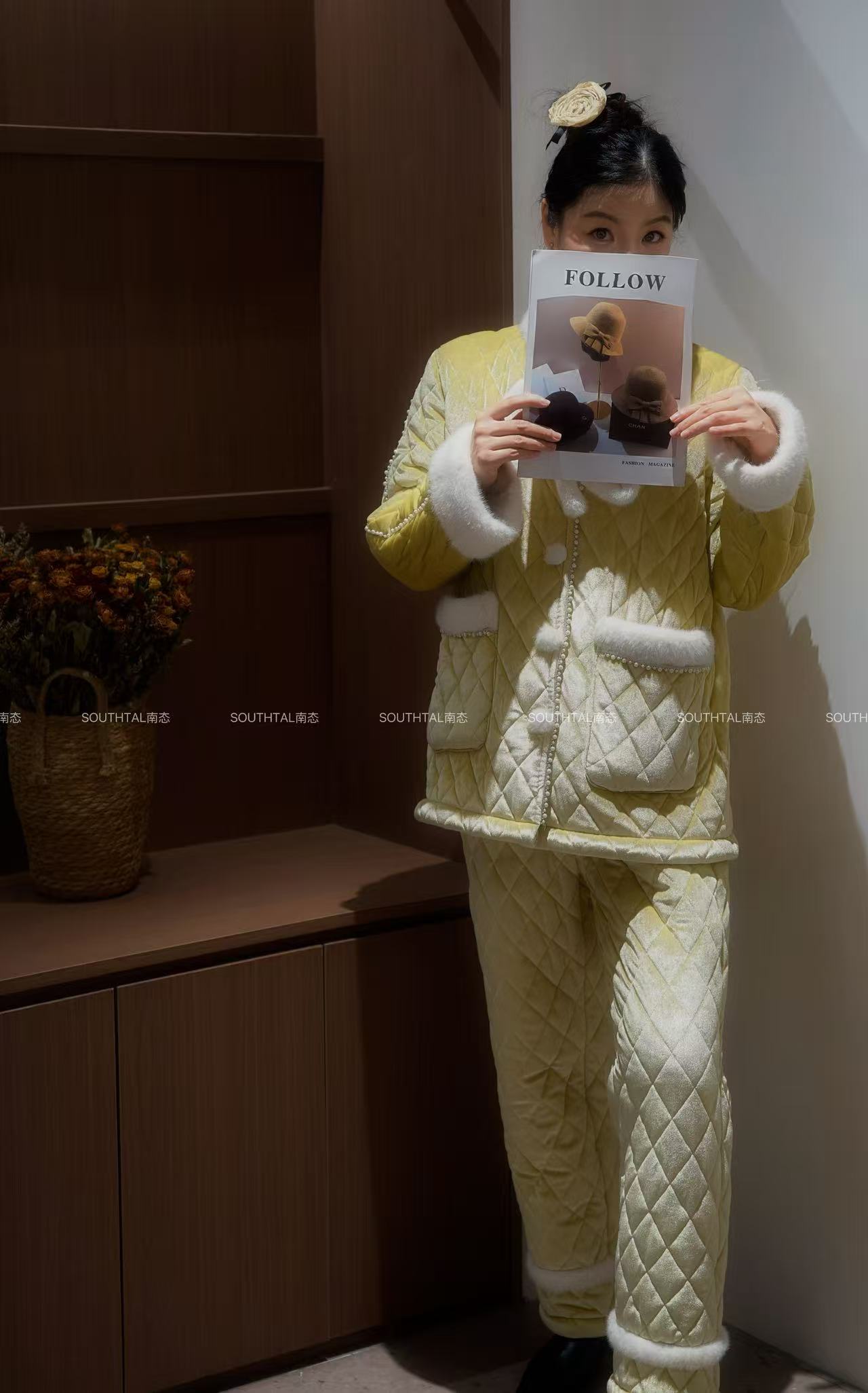 南态暖阳冬季加厚可外穿三层夹棉加绒加厚可外穿睡衣套装