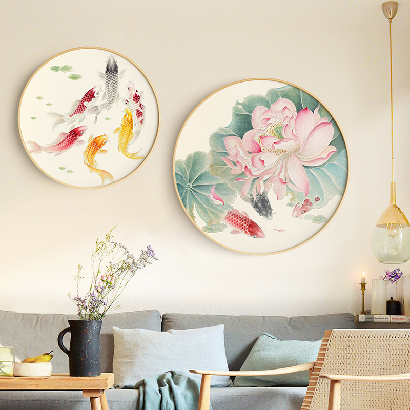 墙蛙荷花九鱼图新中式入户玄关客厅莲花装饰画圆形寓意好餐厅挂画图片