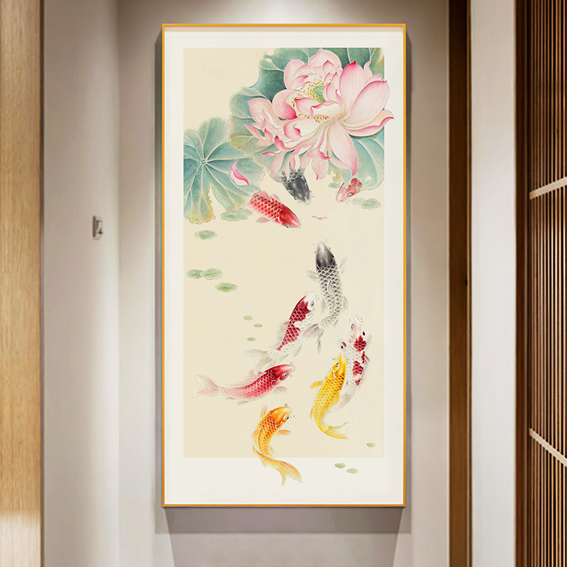 墙蛙荷花九鱼图新中式玄关入户装饰画客厅水墨画莲花走廊过道挂画图片