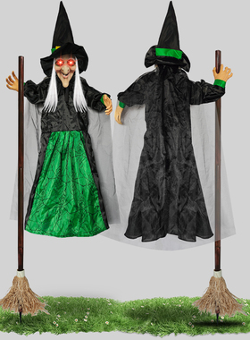 绿色扫把巫婆声控发光尖叫密室逃生飞天女巫万圣节日鬼屋布景道具