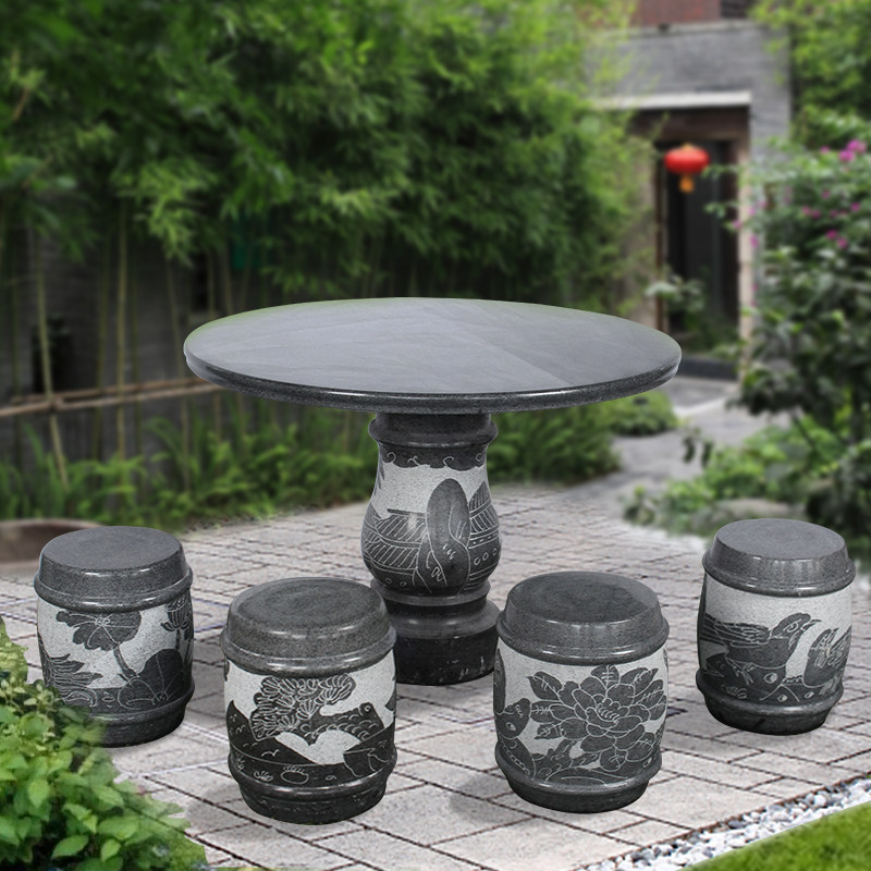 大理石桌芝麻黑雕花石桌石椅石凳摆件户外天然庭院石桌子石雕圆桌