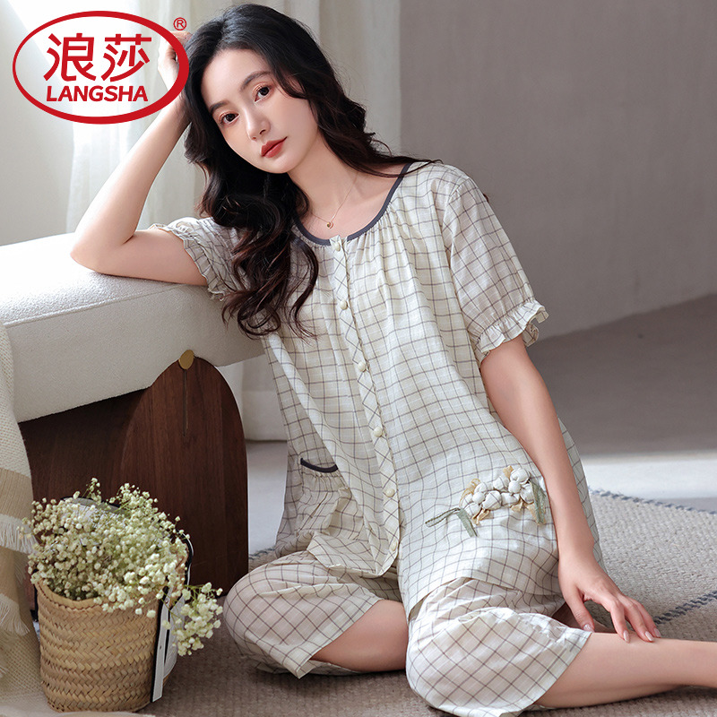 浪莎纯棉睡衣女士夏季2025新款短袖七分裤宽松中年妈妈家居服套装