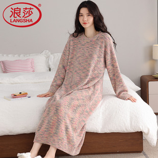 睡衣女士秋冬季半边绒长袖睡裙加绒加厚家居服青年保暖大码可外穿