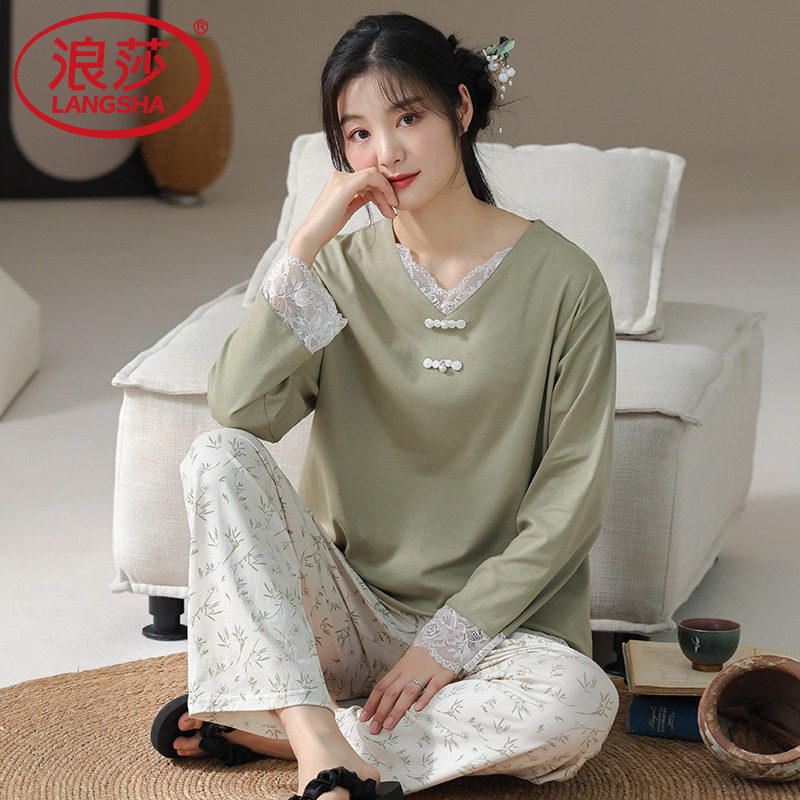 睡衣女士春秋季纯棉长袖国风新中式休闲可外穿女款大码家居服套装
