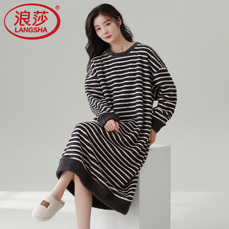 浪莎珊瑚绒睡裙女士秋冬季半边绒圆领长袖家居服套装大码保暖女款