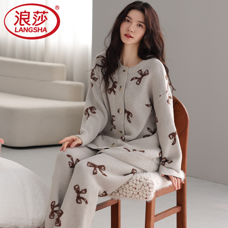 浪莎女士睡衣半边绒秋冬季蝴蝶结