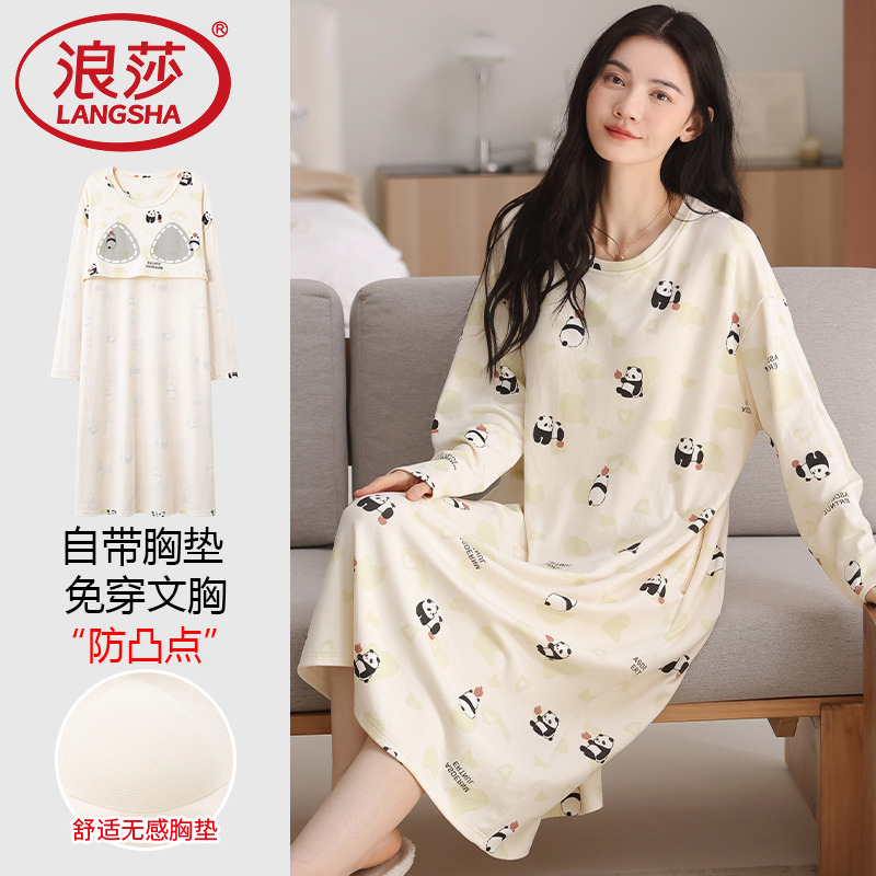 春秋季女睡裙纯棉长袖带胸垫可爱卡通休闲可爱加大码中长款连衣裙