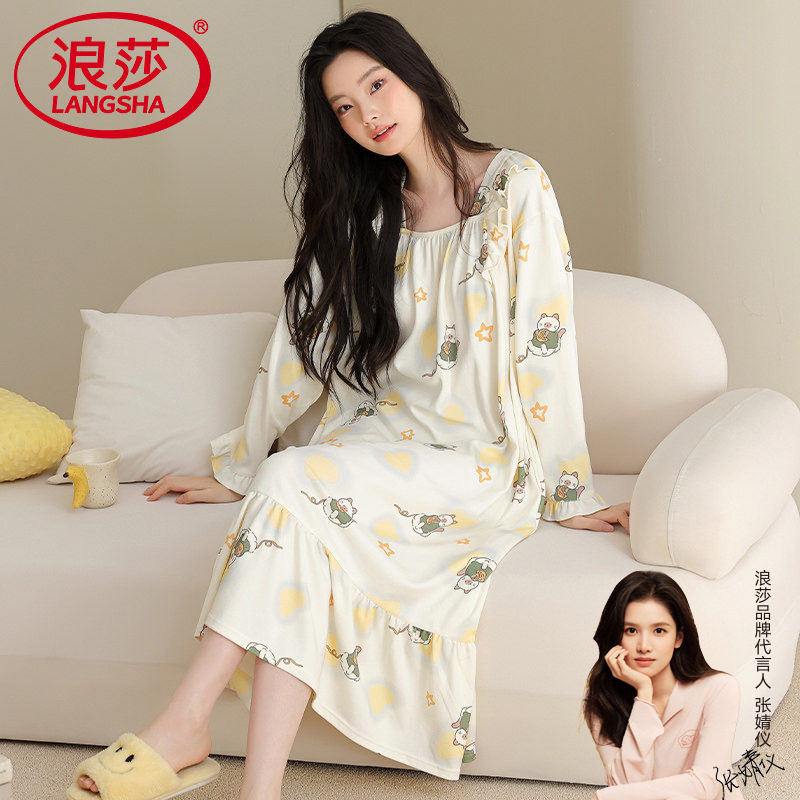 睡裙女春秋季纯棉方领套头长袖卡通少女宽松大码可外穿休闲居家裙