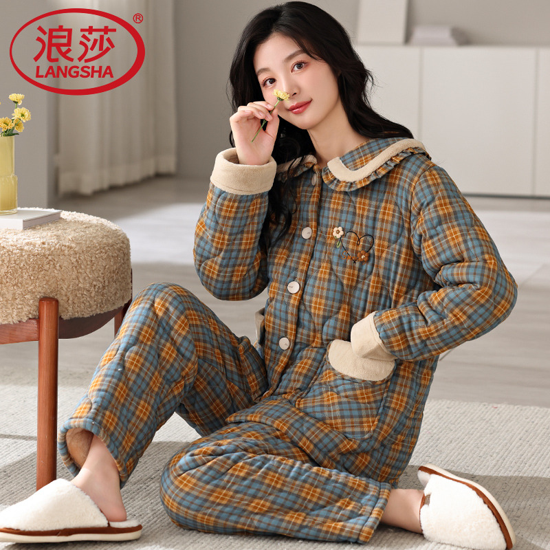 浪莎睡衣秋冬款女款纯棉夹棉新款