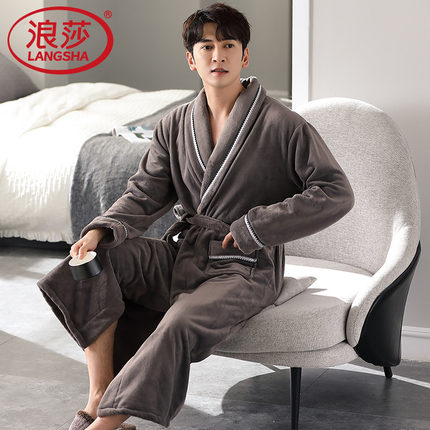 浪莎男士睡袍秋冬季珊瑚绒加厚加绒保暖男款法兰绒长款浴袍家居服
