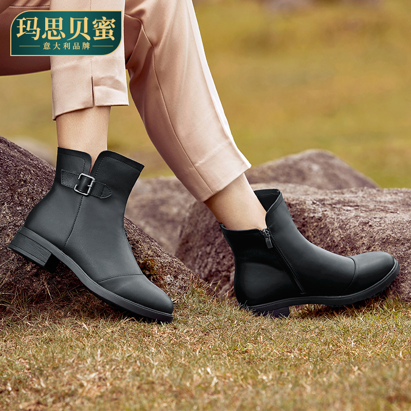 马丁靴女秋冬2023新款低跟短靴女圆头粗跟女单靴中年裸靴百搭女鞋