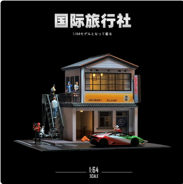 1/64国际旅行社立体微缩场景模型沙盘拍摄道具烧鸟屋加油站车库