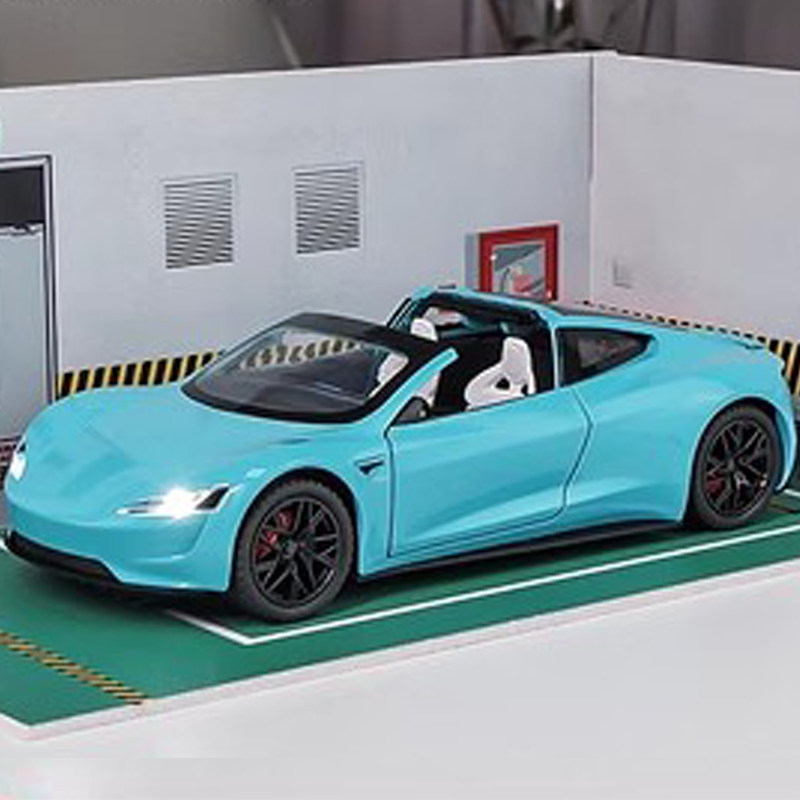 大号特斯拉敞篷合金车模1:24仿真汽车模型儿童玩具车声光回力跑车