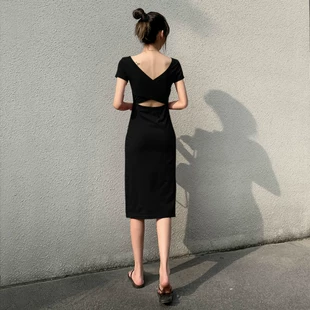 露背连衣裙女内搭裙子修身 设计感小众露腰显瘦性感开叉小黑裙 春季