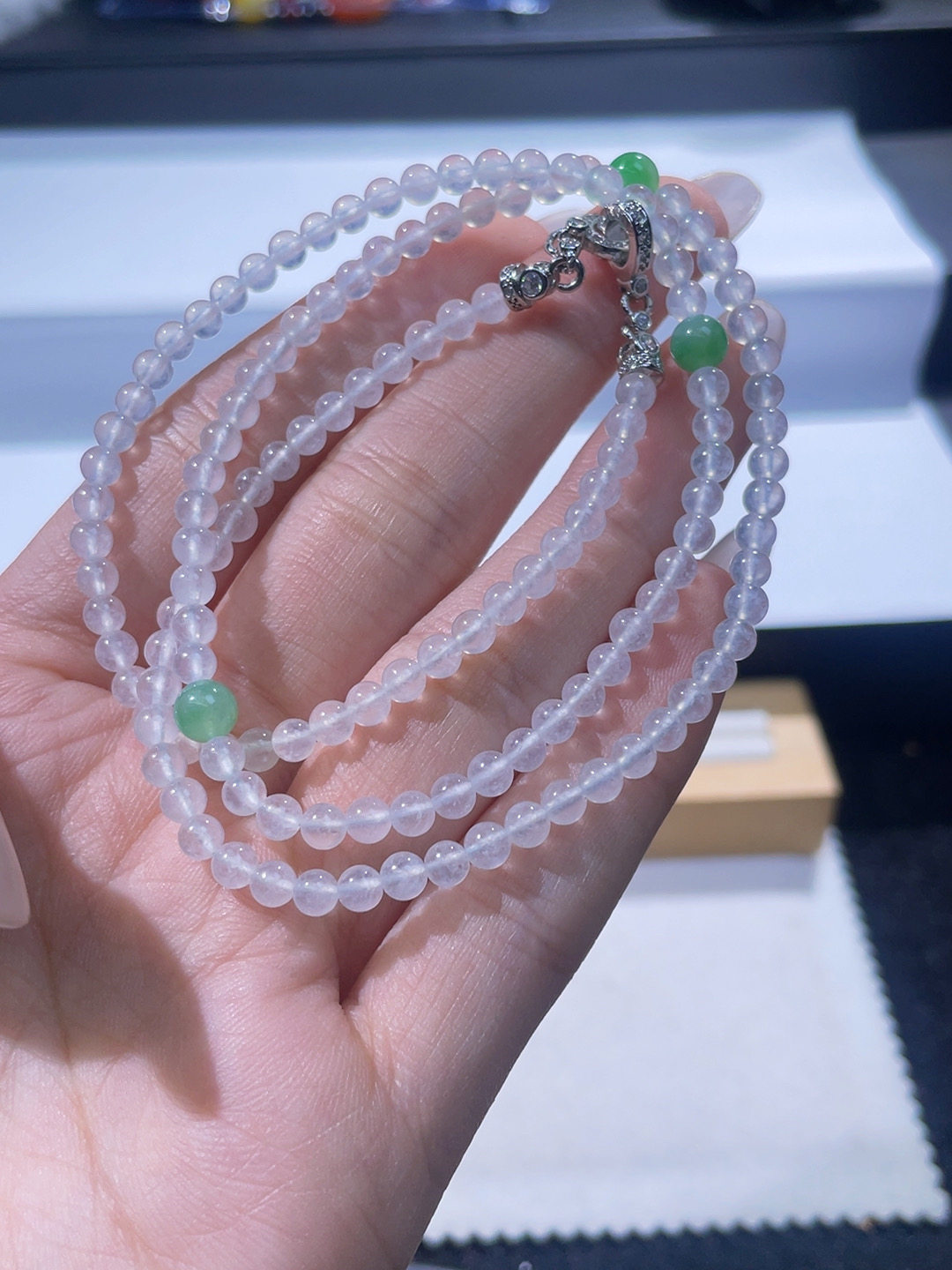 鑫宝福翡翠天然A货翡翠高冰白冰的小米珠项链通透起胶