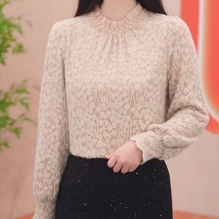 女装木耳领花边温柔知性蕾丝法式气质开衫丝绒上衣衬衫