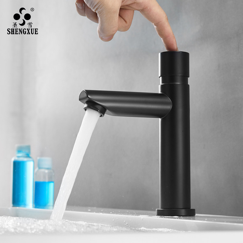 圣雪 黑色不锈钢按压式面盆水龙头公共厕所洗手盆手压单冷延时阀