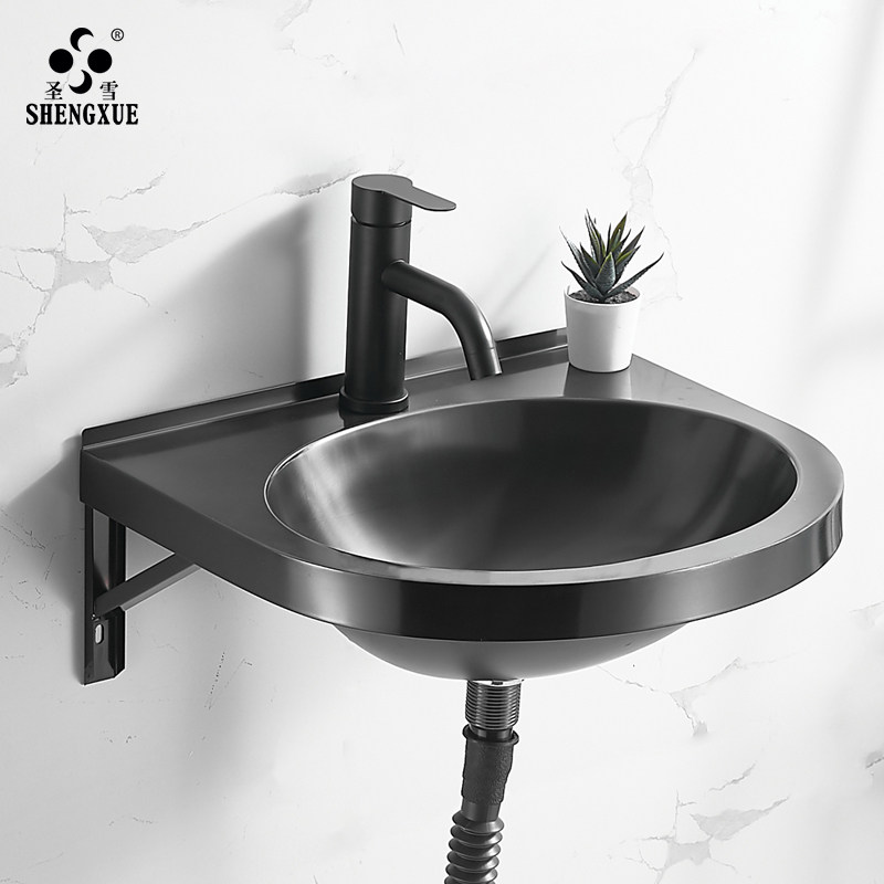 圣雪不锈钢挂墙式洗手盆黑色挂盆洗脸盆小户型卫生间阳台面盆家用