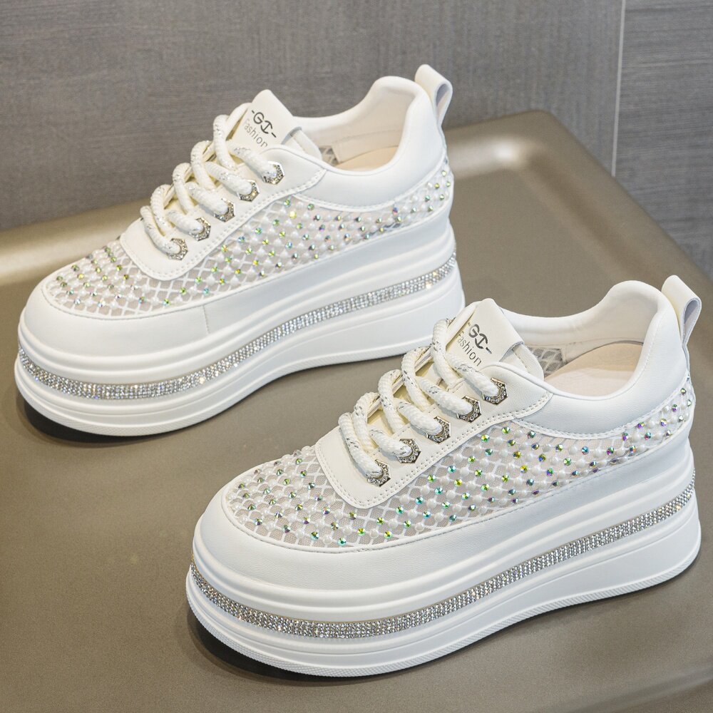 夏季新款厚底内增高7cm轻便百搭水钻透气网纱小白鞋女薄款休闲鞋