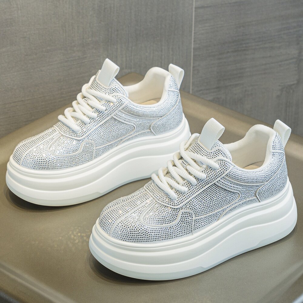 厚底小白鞋增高6cm满水钻系带单鞋时尚小众设计款休闲运动鞋女鞋