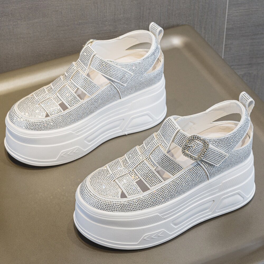 新款厚底镂空罗马凉鞋女2026夏季百搭休闲内增高水钻小白鞋猪笼鞋