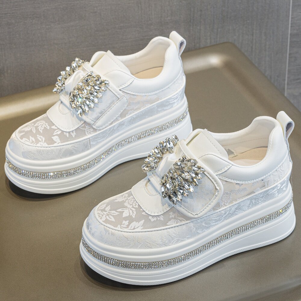 小白鞋厚底松糕内增高7cm蕾丝网纱水钻蝴蝶结魔术贴甜美休闲网鞋