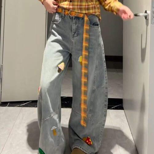 卡通设计感立体刺绣牛仔裤男女春季新款弯刀显瘦宽松直筒阔腿裤