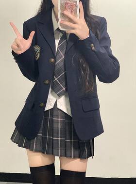 原创jk制服裙正版西装外套秋冬季新款学院风绀色西服套装三件套女