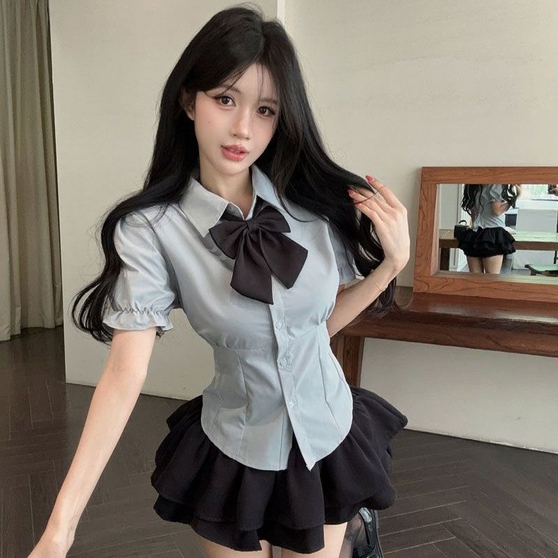 法式纯欲jk制服泡泡袖衬衫高腰显瘦a字裙防走光短裤裙时尚套装女