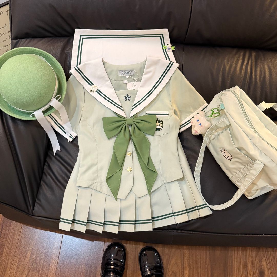 (青山茉莉)洛花糖正版原创日系jk制服绿色森系套装学院分收腰短袖
