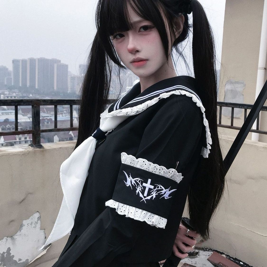 新款JK[圣裁者]日系暗黑不良刺绣水手服百褶裙春夏季长袖春套装