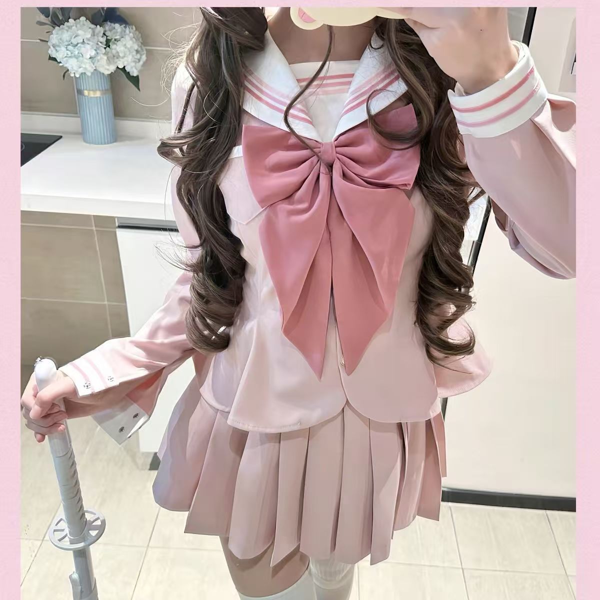 紫薯汤圆收腰水手服短袖夏季学院风JK特大蝴蝶结甜美裙粉色