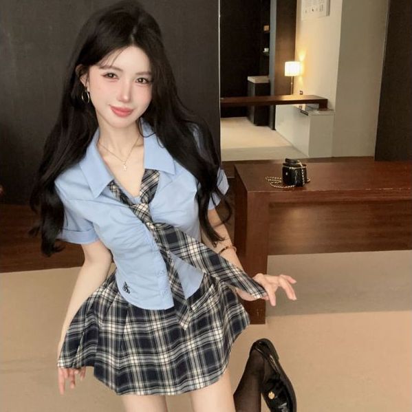 蓝色套装学院风辣妹jk显瘦短袖刺绣衬衫短款上衣A字格子短裙套装