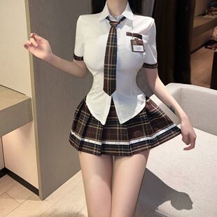 甜美学姐学院风jk制服女性感衬衫收腰上衣显瘦格子百褶裙主播服装