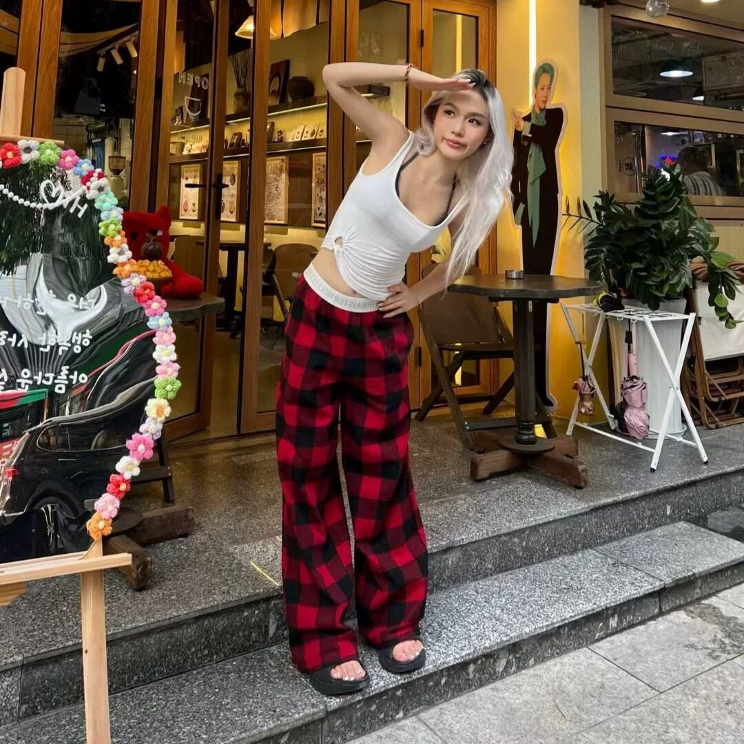 小海鸥红黑格子高腰直筒裤