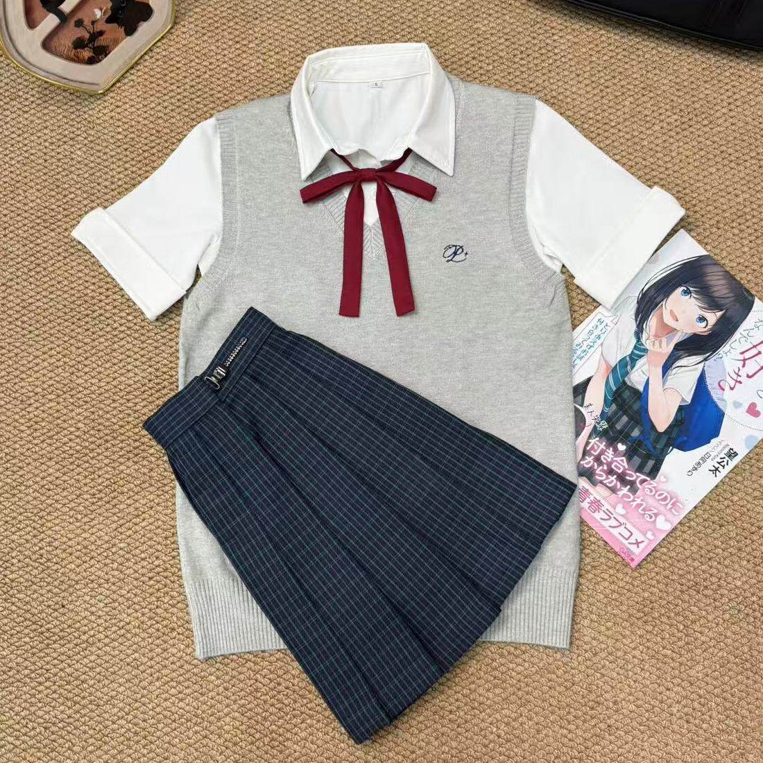 猫看花jk原创正版格裙正品毛衣背心薄款套装学院风女夏季叠穿