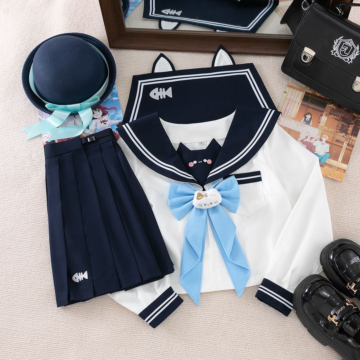 正版可爱小猫原创jk水手服套装制服女学生短袖学院风百褶裙蓝领结