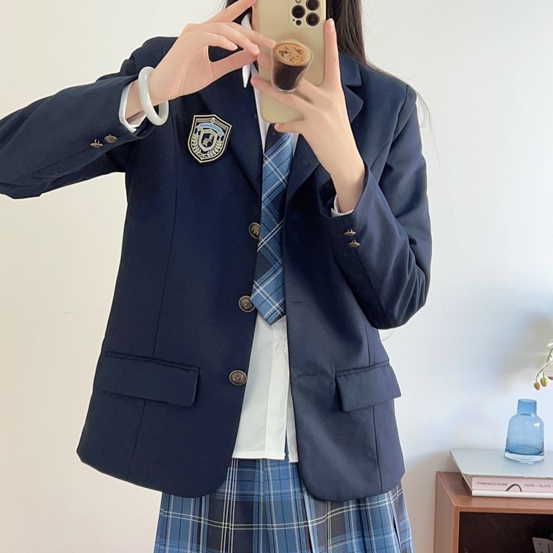 原创jk制服裙春季绀色西装外套女学院风套装正版烟灰西服三件全套