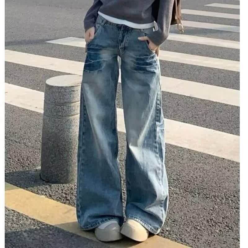 美式复古蓝阔腿牛仔裤男女情侣潮2026新款高腰宽松慵懒风拖地裤子