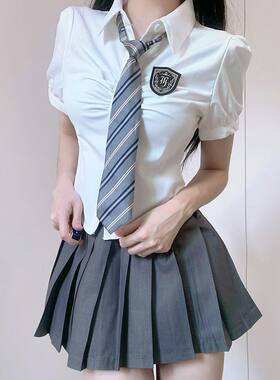织野鹿jk粉色短袖衬衫收腰修身学生日系多巴胺百褶裙制服套装夏季