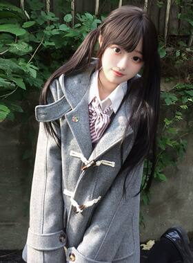 花千猪原创学院风牛角扣大衣小野中外套冬藏青色女毛呢jk制服短款