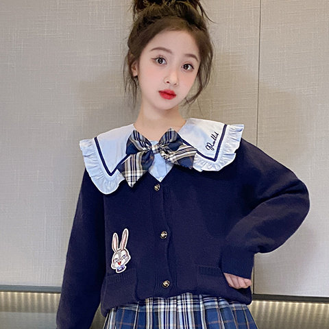 原创正版女童JK套装学院风格子百褶裙开衫毛衣外套三件套秋季班服