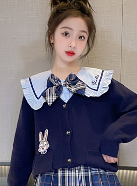 原创正版女童JK套装学院风格子百褶裙开衫毛衣外套三件套秋季班服