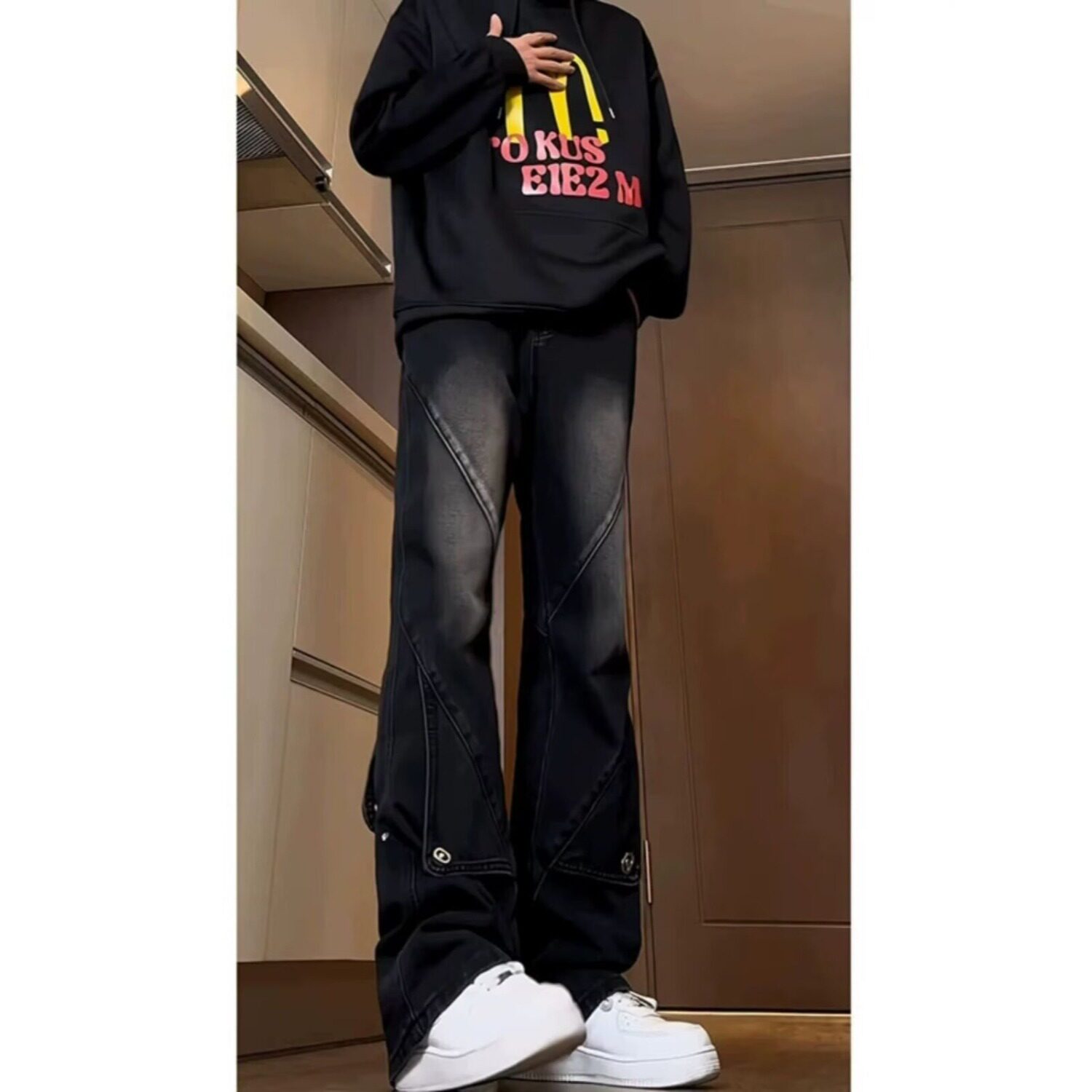 复古拼接美式工装牛仔裤男黑色款美式hiphop裤子高街显瘦微喇叭裤