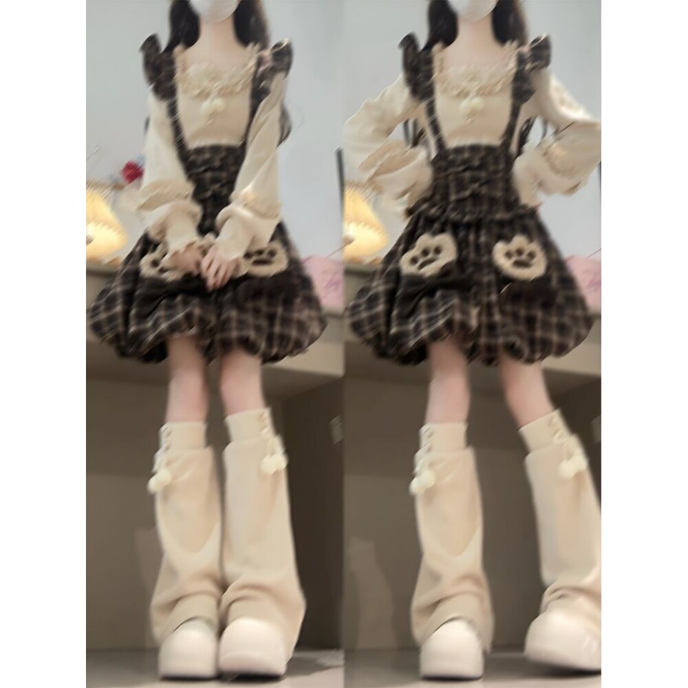 焦糖布丁 日系Lolita二次元毛绒绒连帽斗篷背带花苞裙早春三件套