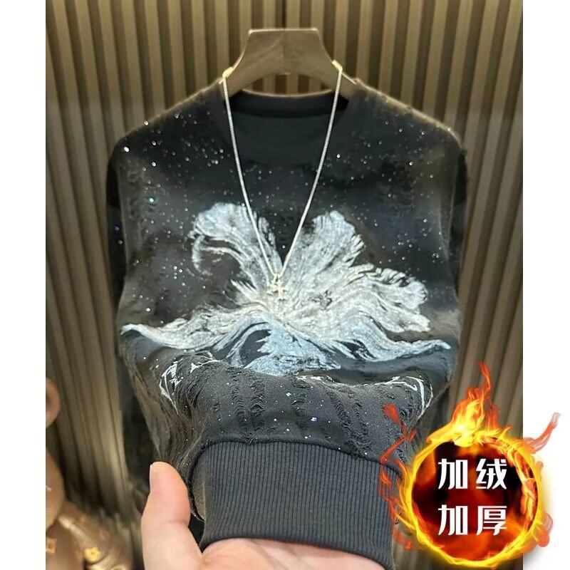 秋冬长袖加绒卫衣新款曼陀罗花朵男款亮闪破洞男上衣爆款轻奢潮流