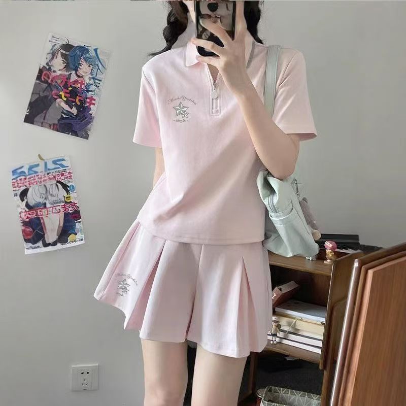 JK制服千折星百褶安全裤裙短袖T恤收腰POLO衫休闲运动套装女夏季
